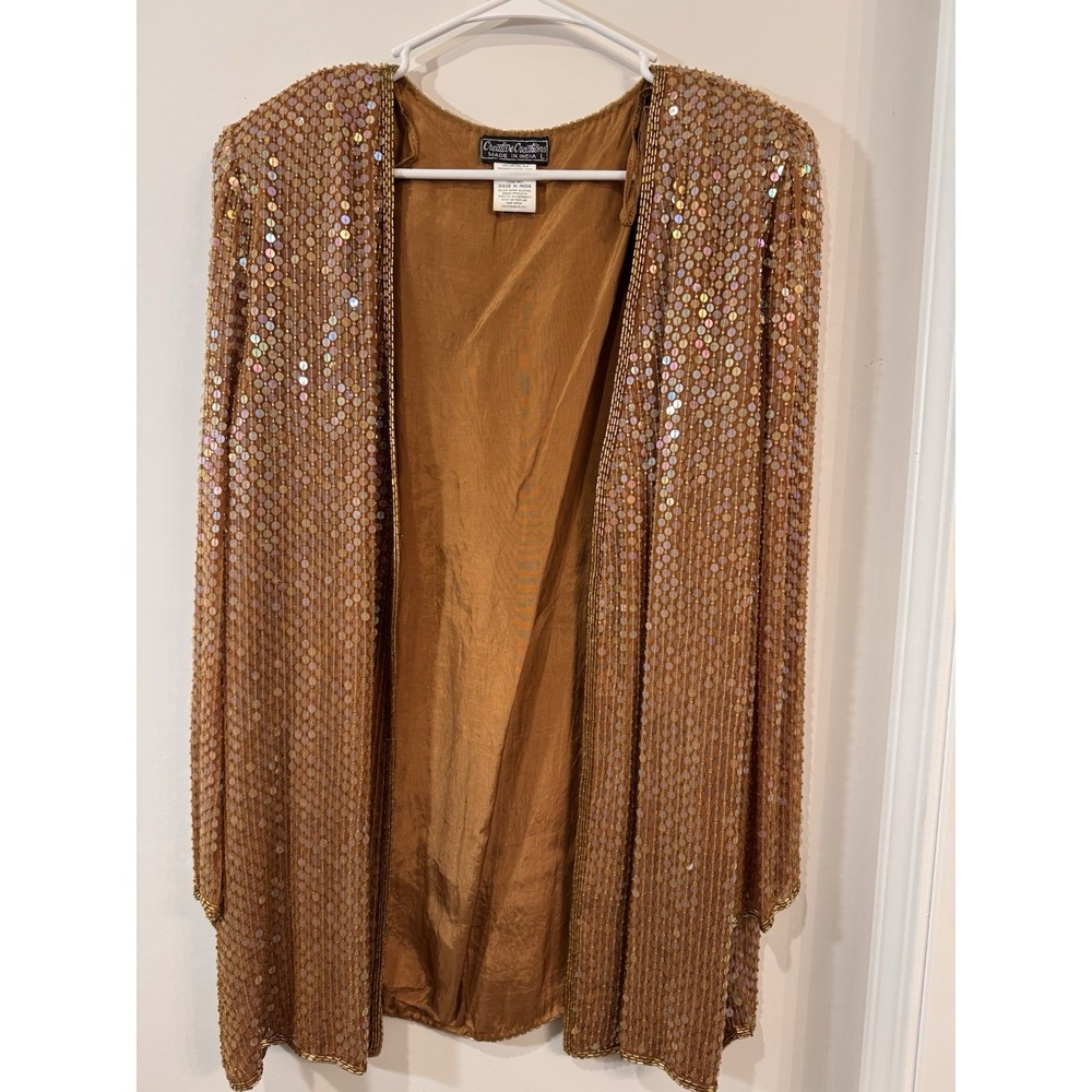 Women's Creative Creations Gold Sequins 100% Silk Open Cardigan Jacket SZ Large‎